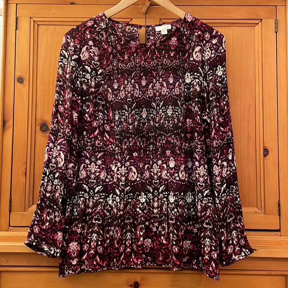 J.Jill like-new flowy rayon long-sleeve pullover blouse, size medium petite